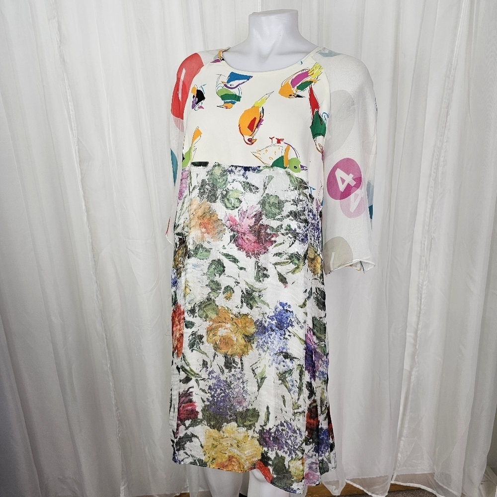 Koos White and Bright Bird Unique Floral Abstract Multicolor Dress Medium